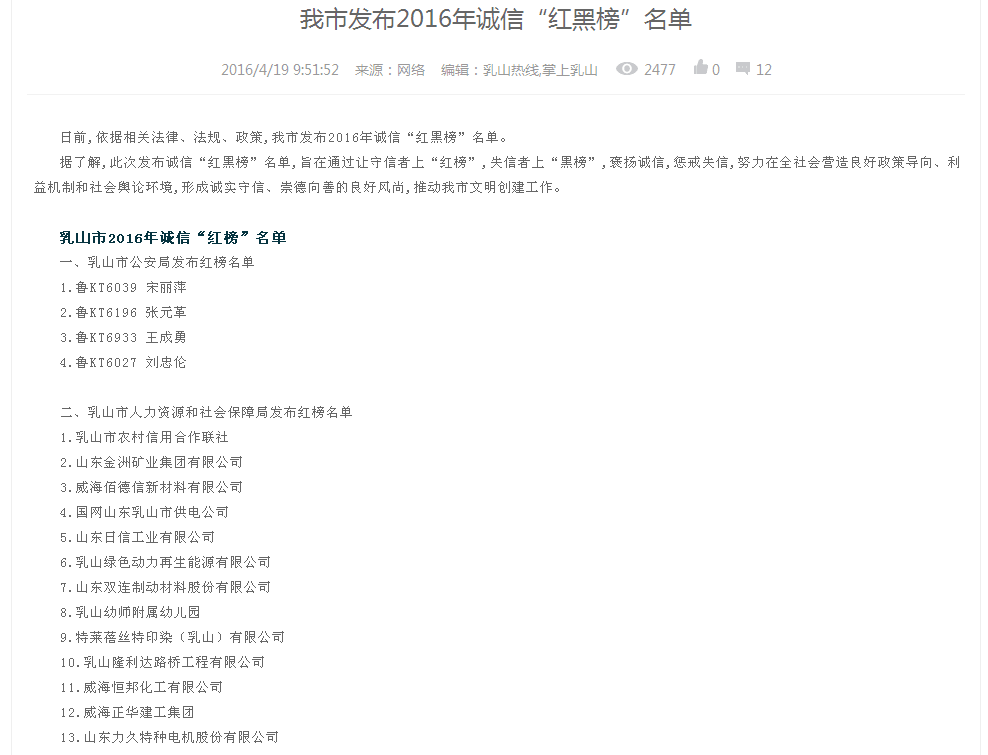 山東力久電機(jī)勞動(dòng)關(guān)系“紅榜”